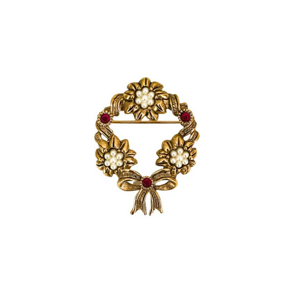 Avon 1994 Rose Wreath Pin - Antiqued Gold-Tone with Red Crystals & White Flowers - Picture 7 of 7